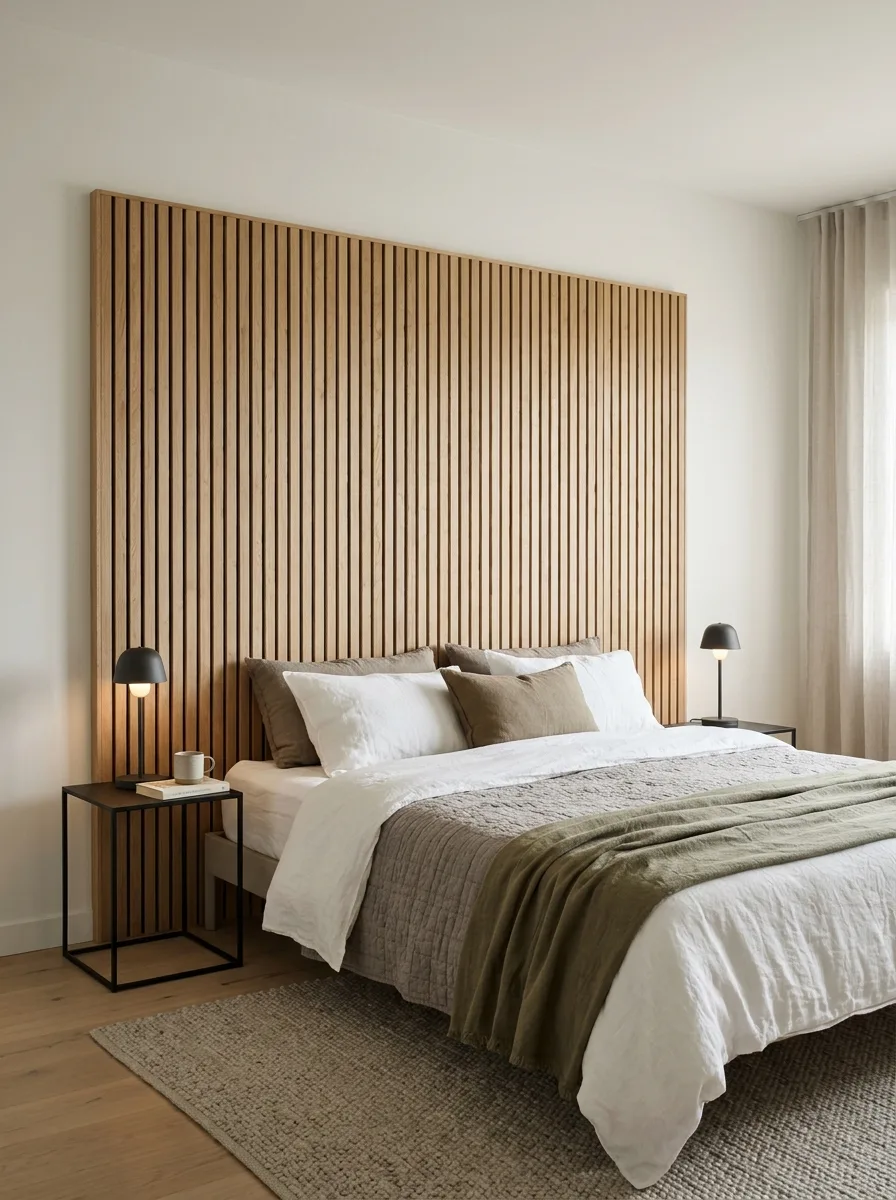 10. Mount a Wood Slat Panel Behind the Bed