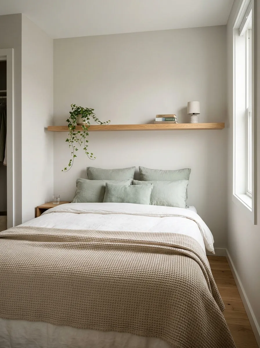3. Bed Against Wall Ideas: Add a Floating Shelf Above the Pillows