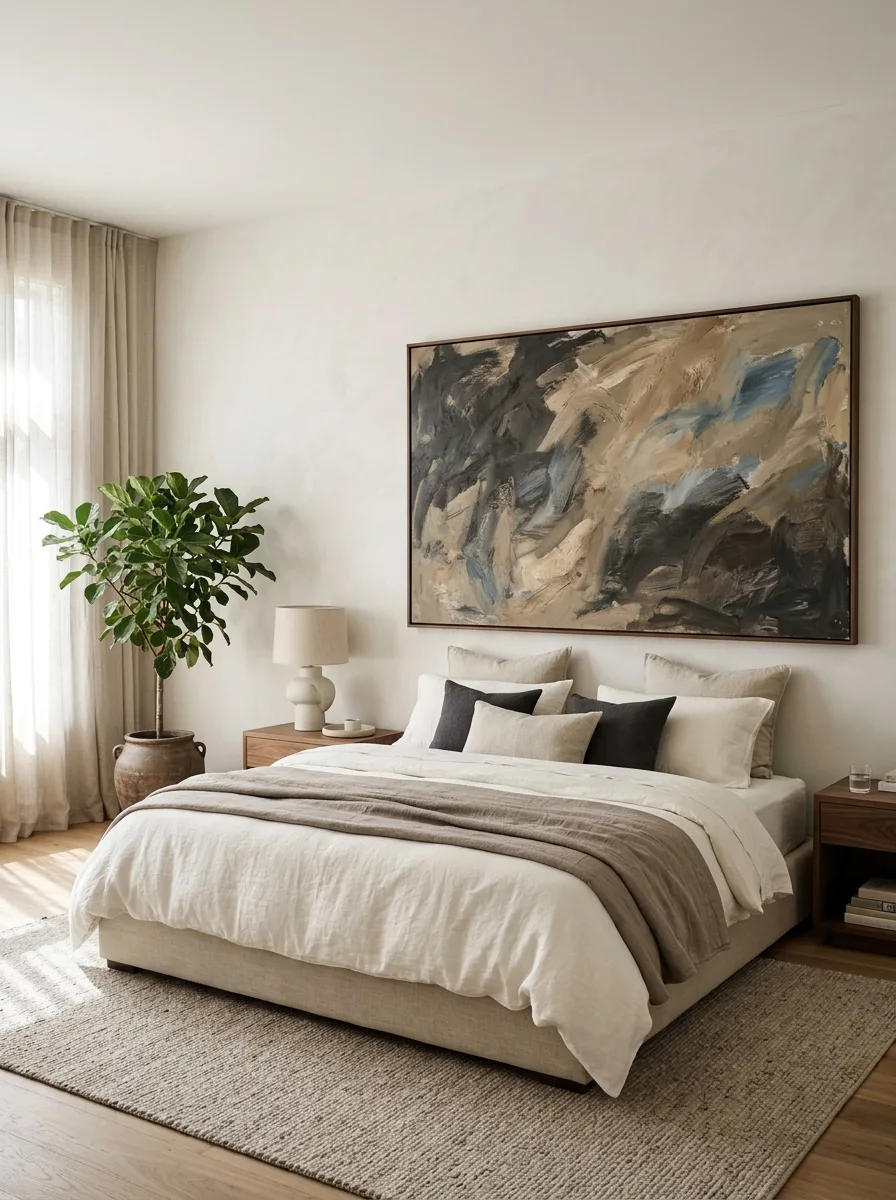 4. King Bed No Headboard Ideas: Go Oversized With Art or a Mirror
