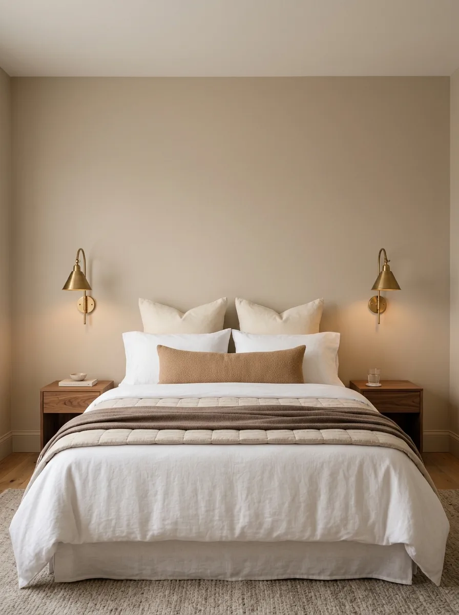 5. Bed Without Headboard Decor: Layered Pillows and Wall Sconces