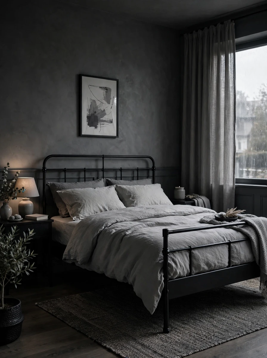 4. Black And Grey Bedroom Ideas for a Soft Moody Palette