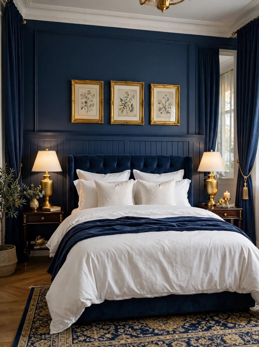 9. Steal These Classy Bedroom Ideas With Navy and Gold