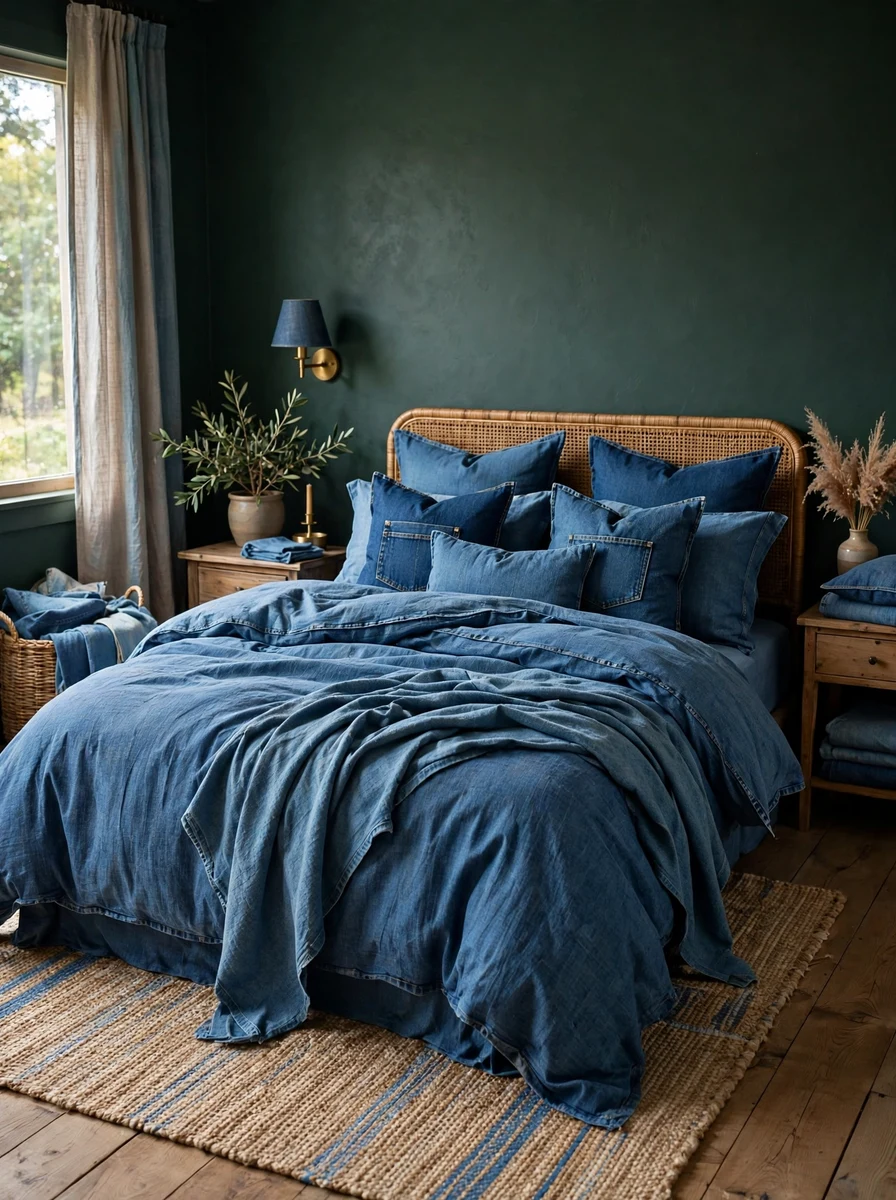 Balance the Mood With Blue Bedroom Ideas and Denim Textures