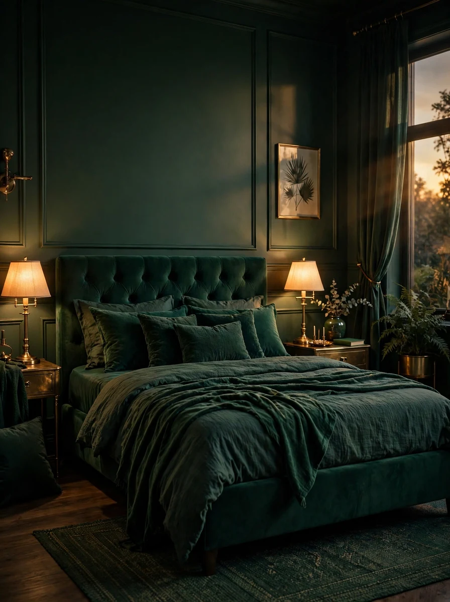 Create a Dark Green Moody Bedroom With Brass and Velvet