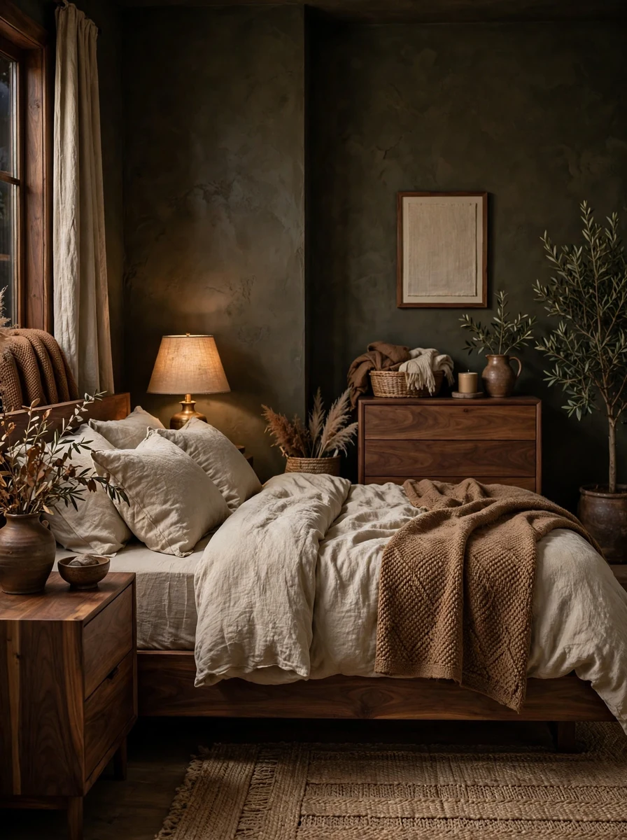 Warm Up a Dark Earthy Bedroom With Walnut and Linen