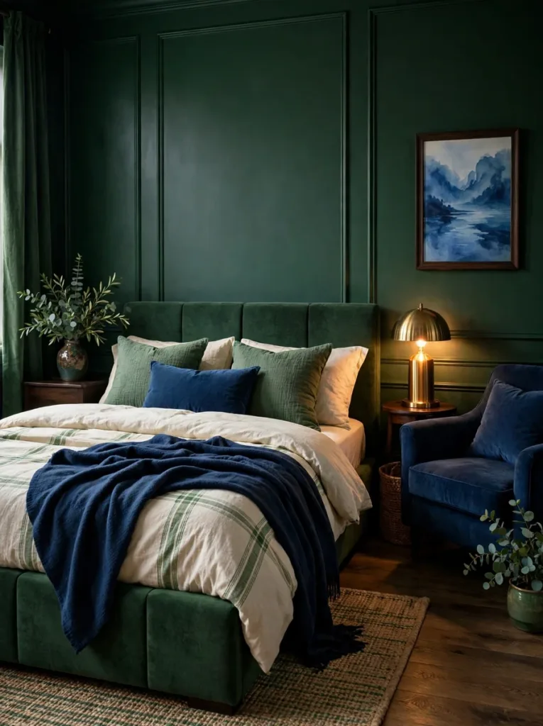 Pair Dark Green With a Dark Blue Bedroom Accent
